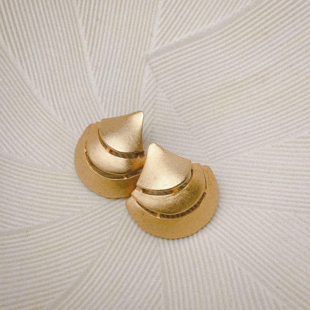 Matte Gold Tone Art Deco 3 Layer Post Earrings
